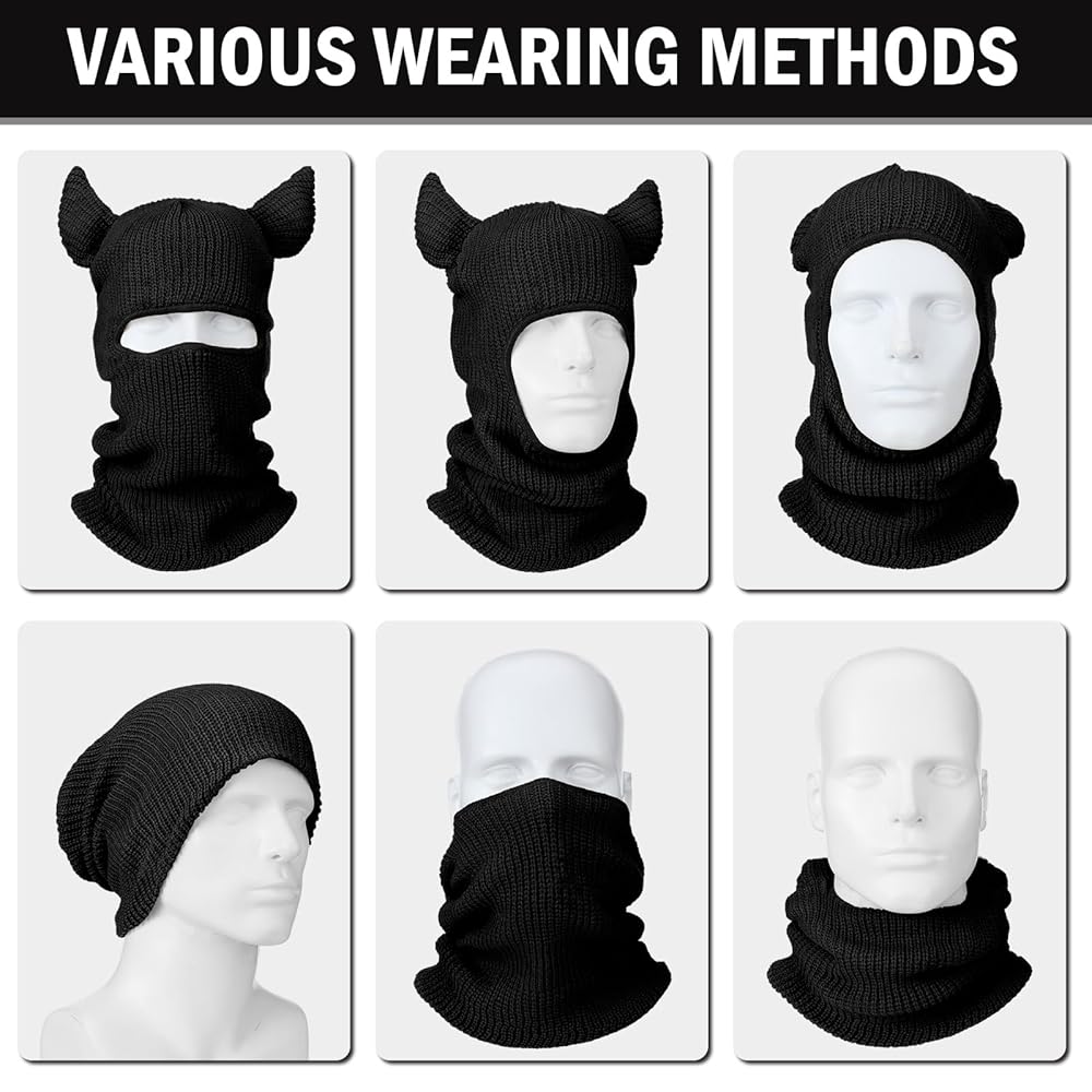 Funtery 3 Pcs 1 Hole Ski Mask with Horn Distressed Knitted